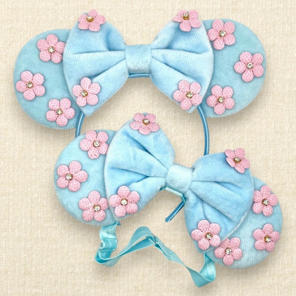 Pastel Blue Velvet & Pink Floral Mommy & Me Minnie Ears | Disney-Inspired Set